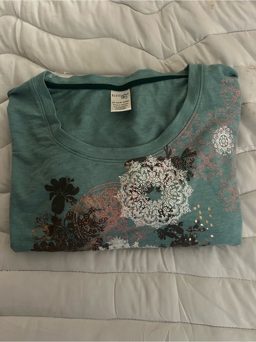 Terra & Sky Teal Crewneck Sweater with Floral Medallion Print